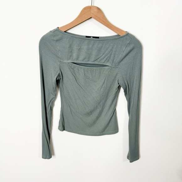 7 For All Mankind Green Ribbed Front Cutout Long Sleeves Top Size XS - Picture 2 of 6
